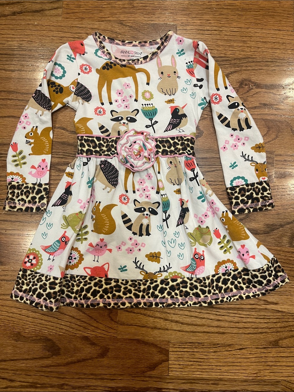 Ann Loren Girls' Cream Woodland Animal Print Dress Pink Accents 4-5T